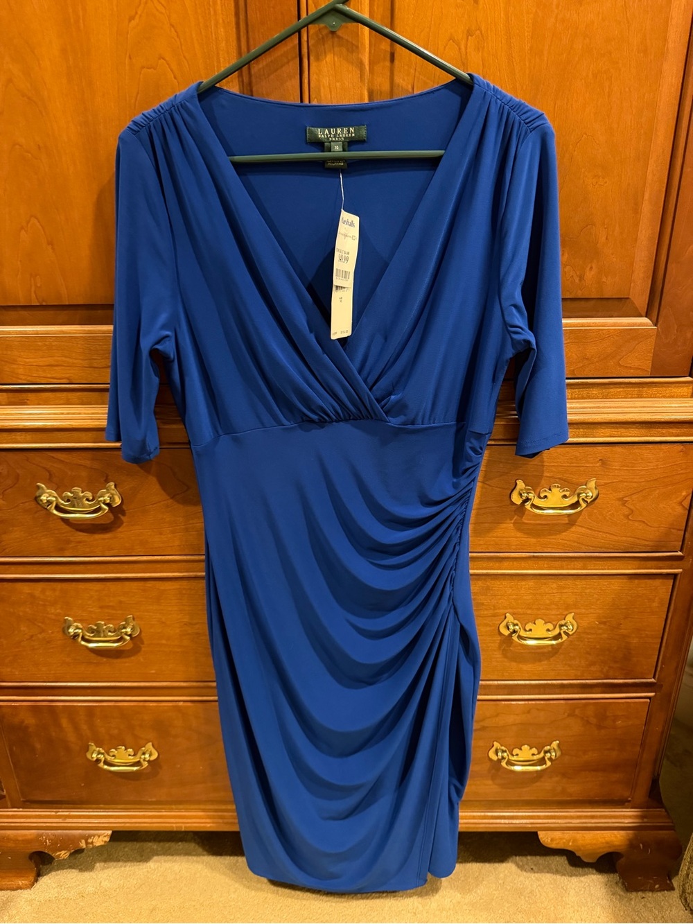 Ralph Lauren Royal Blue Faux-Wrap Ruched Midi Dress
